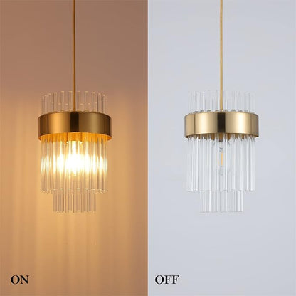 Gold Pendant Lights Kitchen Island,1-Light Crystal Pendant Light Fixtures Over Island,Modern Brass Mini chandelier For Dining Room, Adjustable Cord Hanging Lights For Bedroom,Bar,Sink,Entryway