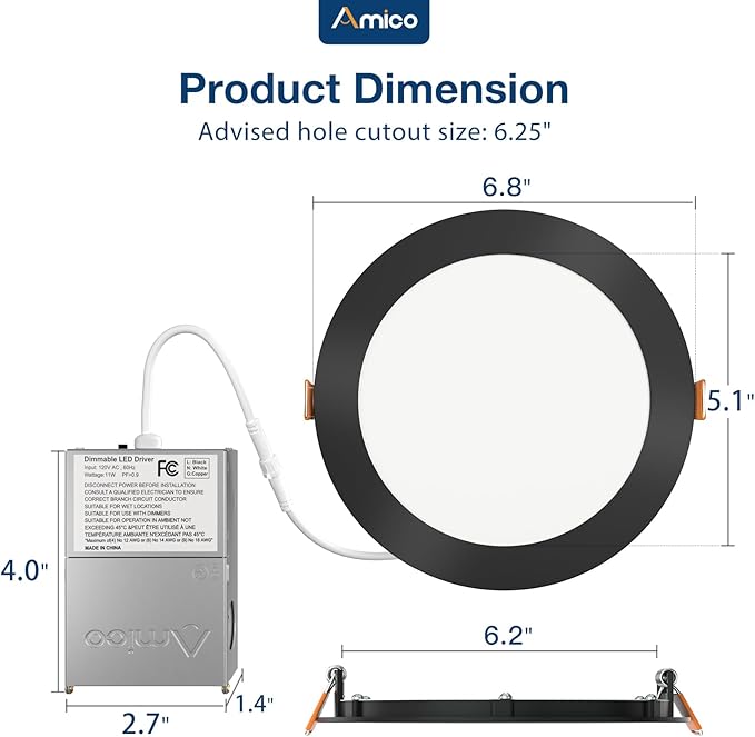Amico 1 Pack 6 Inch 5CCT Ultra-Thin LED Recessed Ceiling Light with J-Box, 2700K/3000K/3500K/4000K/5000K Selectable, 12W Eqv 110W, Dimmable Canless Downlight, 1050LM High Brightness, Black - ETL