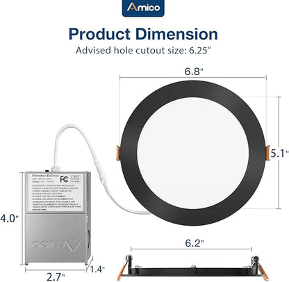 Amico 1 Pack 6 Inch 5CCT Ultra-Thin LED Recessed Ceiling Light with J-Box, 2700K/3000K/3500K/4000K/5000K Selectable, 12W Eqv 110W, Dimmable Canless Downlight, 1050LM High Brightness, Black - ETL
