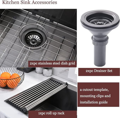 33 Inch Black Double Bowl Drop In Kitchen Sink-Bokaiya 33x22 Drop In Kitchen Sink 50/50 Double Bowl 16 Gauge Deep Low Divided Stainless Steel Basin with Roll Up Rack