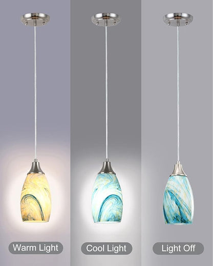 Art Glass Mini Pendant Lights for Kitchen Island Blown Art Glass Pendant Light Shade hanging ceiling lights with Brushed Nickel Finish for Kitchen Counter bar,Dining Room Blue Mixing Yellow-1P