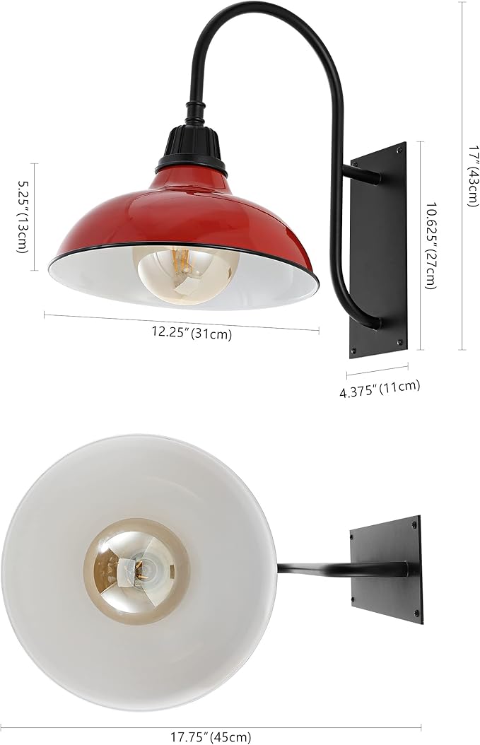 JONATHAN Y 12.25" Red/Black 1-Light Farmhouse Gooseneck Outdoor Wall Sconce Lamp, with Black Metal Bowl Shade, Industrial Iron LED Porch Light for Patio Garage Entryway (JYL7614E)