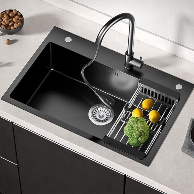 Black Drop in Kitchen Sink, Stainless Steel Single Bowl Sink with 3 Holes, Topmount Workstation Sink, Farmhouse Rectangle Basin with Multiple Accessories (31.5 * 19.7 * 7.9in)