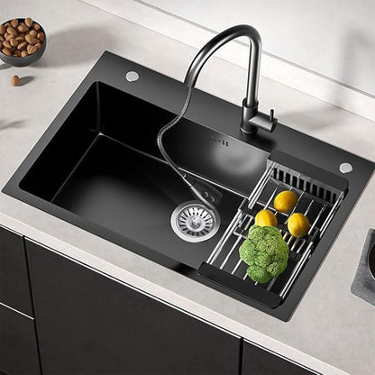 Black Drop in Kitchen Sink, Stainless Steel Single Bowl Sink with 3 Holes, Topmount Workstation Sink, Farmhouse Rectangle Basin with Multiple Accessories (26.8 * 17.7 * 7.9in)