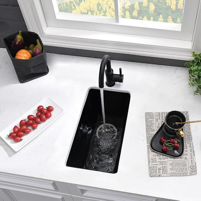 12 Inch Black Bar Sink Undermount-VASOYO 12x16 Rv Sink Kitchen Bar Sinks Black Quartz Composite Oudoor Single Bowl Deep Kitchen Sinks with Bottom Grid