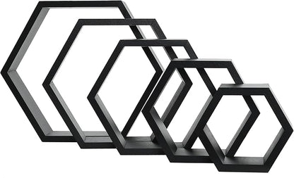 PHOENANCEE Hexagon Floating Shelves,Wall Mounted Wood Farmhouse Storage Honeycomb Shelf Set of 5,for Bathroom, Kitchen, Bedroom, Living Room,Office,Home Room Wall Decor Driftwood Finish