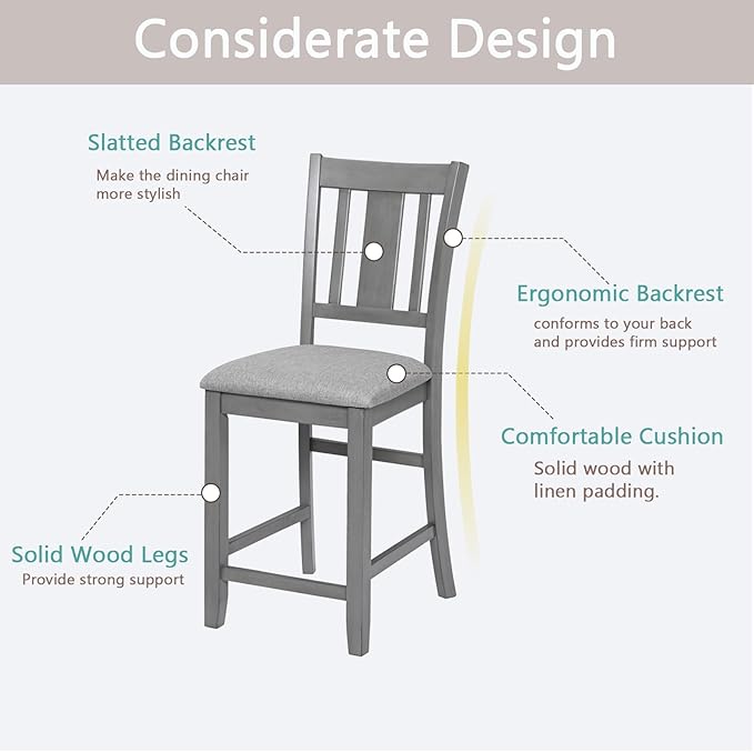 Set of 4 Dining Chairs, Wooden Kitchen Chairs with Padded Cushion, Upholstered Stools for Kitchen Island, Dining Room, Living Room, Easy Assembly (Gray - Slatted backrest)