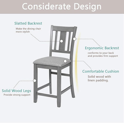 Set of 4 Dining Chairs, Wooden Kitchen Chairs with Padded Cushion, Upholstered Stools for Kitchen Island, Dining Room, Living Room, Easy Assembly (Gray - Slatted backrest)