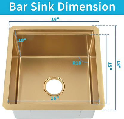 Gold Bar Sink Undermount,Small Bar & Prep Sinks,16 gauge Stainless Steel Bar Sink with Workstation for Wet Bar Area (18" X 18")