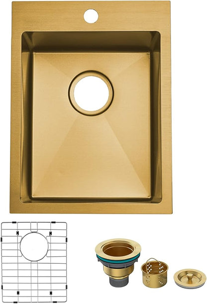 SHACO Gold 15 x 20 Inch Drop In Bar Sink, 16 Gauge Stainless Steel Topmount Small Kitchen Single Basin Sink for Wet Prep RV Laundry with Dish Grid & Drain, 15x20 Top Mount