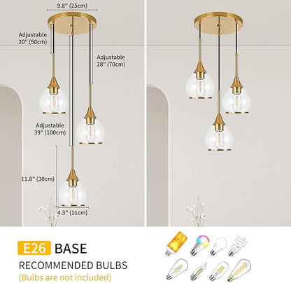 3-Light Island Light for Kitchen, Gold Kitchen Island Hanging Pendant Light, Brushed Gold Dining Room Light Fixture Over Table with Clear Round Glass Shades