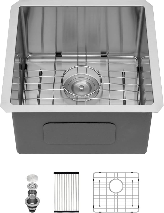 17x17 in Undermount Bar Sink Square Wet Bar Prep Sink Stainless Steel 16 Gauge Single Bowl Undermount Deep Kitchen Rv Outdoor Garage Sink Basin