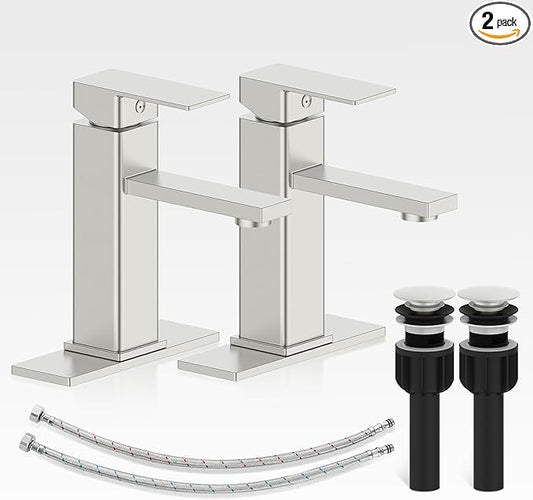 Bathroom Faucet-2 Sets, Brushed Bathroom Sink Faucets with Pop-up Drain and 6 Inch Deck Plate, Single Handle Modern Farmhouse RV Vanity Faucet for Vessel Sink (1~3 Holes)