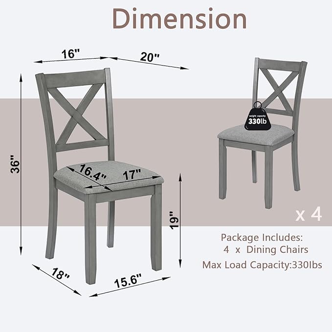 Ball & Cast Wood Frame Dining Chairs Set of 4, Modern Linen Upholstered Kitchen-Chairs with Padded Seat, 330lb Heavy Duty X-Backrest Side Chair for Dining Living Room, Easy Assembly, Gray
