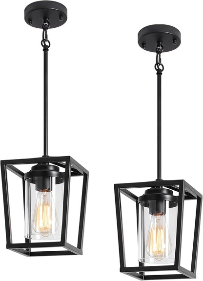 2 Pack Black Pendant Lights Kitchen Island, Farmhouse Pendant Light Fixtures with Glass Shade, Modern Kitchen Island Lighting Metal Cage Hanging Light for Hallway Entryway Dining Room Bathroom Foyer