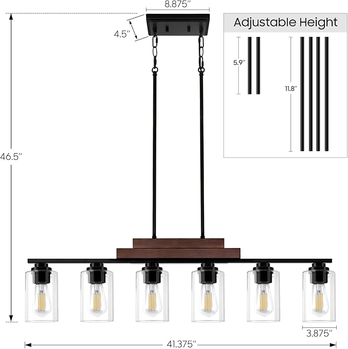 Farmhouse Dining Room Light Fixture Over Table, 6-Light Linear Chandeliers for Dining Room Hanging, Black Pendant Lights Kitchen Island Lighting, Wood Ceiling Light Fixture with Clear Glass Shade