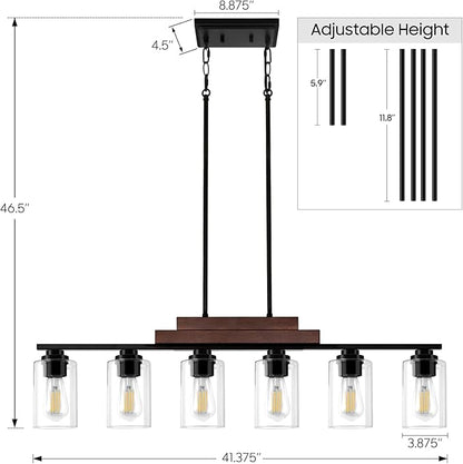 Farmhouse Dining Room Light Fixture Over Table, 6-Light Linear Chandeliers for Dining Room Hanging, Black Pendant Lights Kitchen Island Lighting, Wood Ceiling Light Fixture with Clear Glass Shade