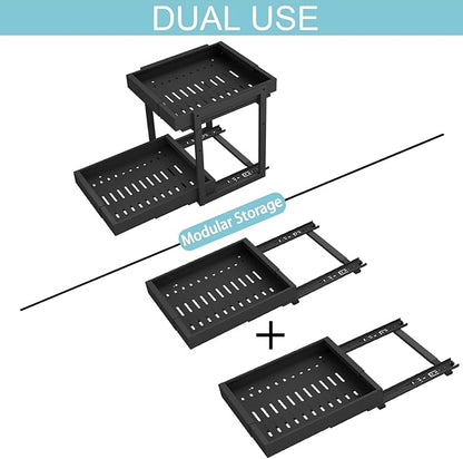 Golener 2-Tier Expandable Pull Out Cabinet Organizer - Pull-Out Drawers for Kitchen Cabinets, 2 Slide Home Storage Organizers, Slide Out Shelves for Base Cabinet Organization in Kitchen, Black Metal