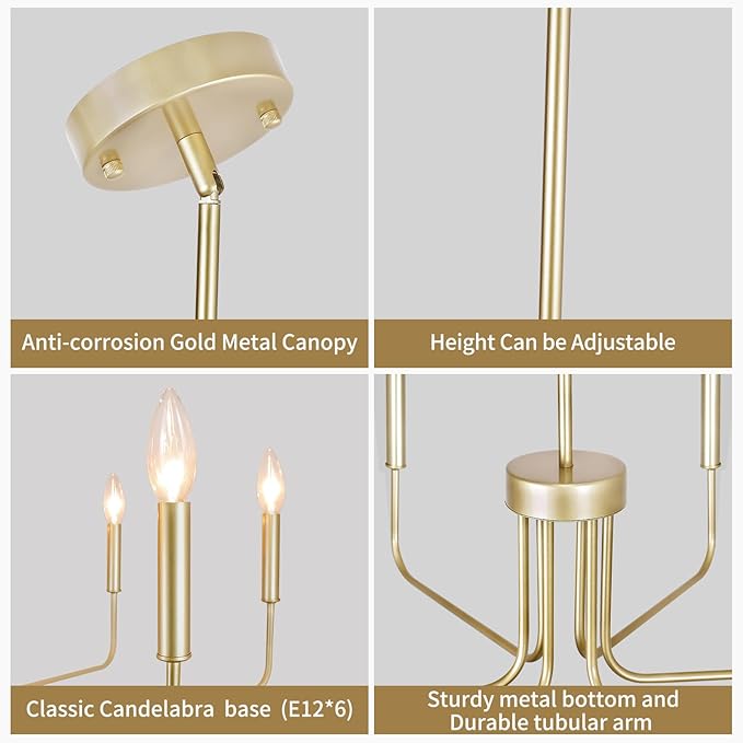 Gold Chandelier, 6-Light Farmhouse Chandeliers for Dining Room, Rustic Candle Chandelier Light Fixture, Industrial Modern Chandeliers Lighting for Kitchen Living Room Foyer Entrance