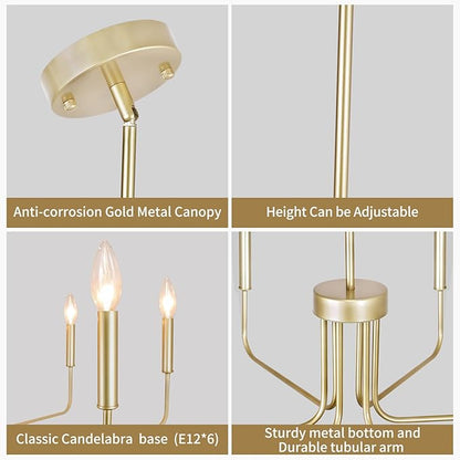 Gold Chandelier, 6-Light Farmhouse Chandeliers for Dining Room, Rustic Candle Chandelier Light Fixture, Industrial Modern Chandeliers Lighting for Kitchen Living Room Foyer Entrance