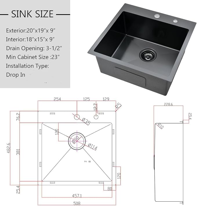 20-inch Drop In Bar Sink Black - VOKIM 20"x 19" Drop in Kitchen Sink Top Mount Handmade Small Kitchen Bar Sink 16 Gauge Stainless Steel Single Bowl sink Brushed Nickel, With Dish Grid