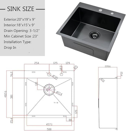 20-inch Drop In Bar Sink Black - VOKIM 20"x 19" Drop in Kitchen Sink Top Mount Handmade Small Kitchen Bar Sink 16 Gauge Stainless Steel Single Bowl sink Brushed Nickel, With Dish Grid