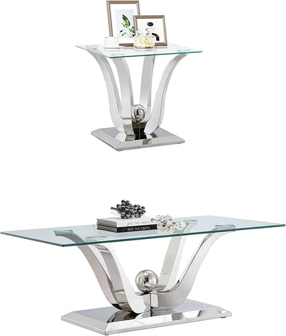 Luxury Glass Coffee Table Set of 2 Piece Silver Living Room Table Set of 2 Including Coffee and End Table Set, Gorgeous Stainless Steel Frame, Clear Glass Top for Living Room Home Office Apartment