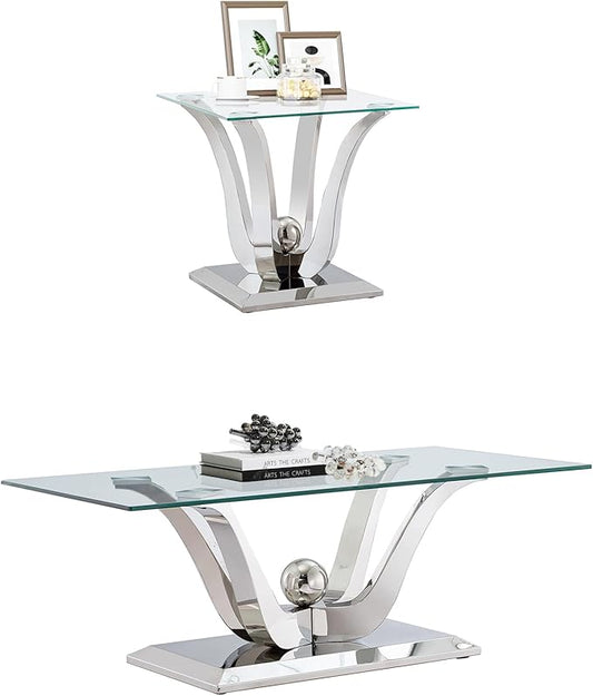 Luxury Glass Coffee Table Set of 2 Piece Silver Living Room Table Set of 2 Including Coffee and End Table Set, Gorgeous Stainless Steel Frame, Clear Glass Top for Living Room Home Office Apartment
