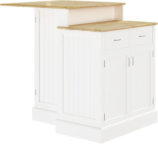 Modern Dining Table Kitchen Island with Cabinet Adjustable Shelves Drawers 2-Level Rubber Wood Tabletop Sturdy Stable Easy Clean Luxury Counter Console Living Decor