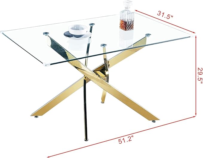 Luxury Gold Glass Dining Table for 4 Modern 51" Rectangular Kitchen & Dining Room Table with X-Shape Stainless Steel Base Large Clear Glass Top Dining Table for Home Office