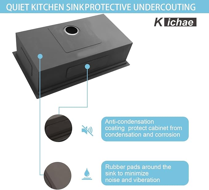 Kichae 33 Undermount Kitchen Sink- 33 x 19 Undermount Sink Ledge Workstation Stainless Steel 16 Gauge Single Bowl Round Corner Handmade with Cutting Board