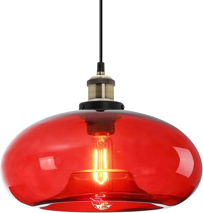 11" Red Glass Pendant Light Industrial Vintage Design Suitable for Kitchen Island Bedroom Dining Room Adjustable Height E26 Bulb Compatible (Red)