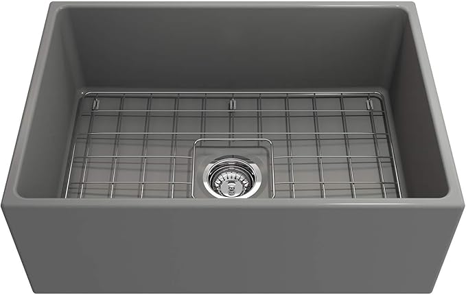 BOCCHI Contempo Farmhouse Apron Front Fireclay 27 in. Single Bowl Kitchen Sink with Protective Bottom Grid and Strainer in Matte Gray