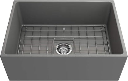 BOCCHI Contempo Farmhouse Apron Front Fireclay 27 in. Single Bowl Kitchen Sink with Protective Bottom Grid and Strainer in Matte Gray