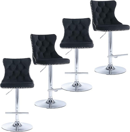 Rhomtree Velvet Swivel Bar Stools Upholstered Bar Stool with Button Tufted Back and Pull Ring Height Adjustable Barstools 25-33 Inch for Home Pub and Kitchen Island (Black with Silver Base, Set of 4)
