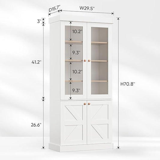 ivaniti 71" Tall Kitchen Pantry Cabinet, Rustic Farmhouse Storage Hutch with Glass Doors & Adjustable Shelves, Freestanding Wood Buffet Cabinet for Dining Room, Living Room, White