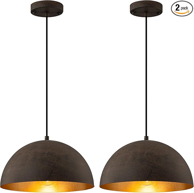Farmhouse Pendant Light,11.8" Black with Brown Grain Industrial Dome Chandelier 2 Pack,Adjustable Vintage Pendant Lights Kitchen Island for Dining Room,Bedroom,Hallway