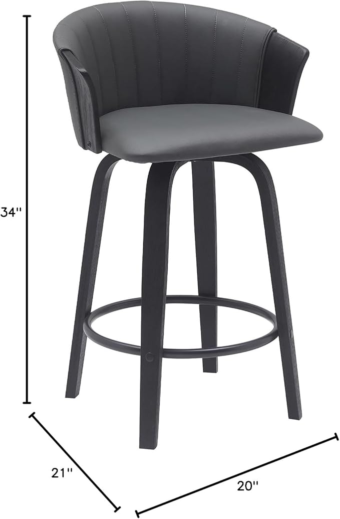 Armen Living Diana 26" Seat Height Mid Century Modern Swivel Black Wood Bar Stool for Kitchen Island Counter in Gray Faux Leather