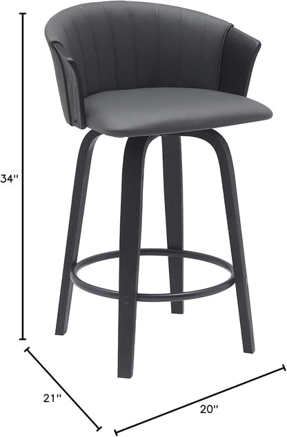 Armen Living Diana 26" Seat Height Mid Century Modern Swivel Black Wood Bar Stool for Kitchen Island Counter in Gray Faux Leather