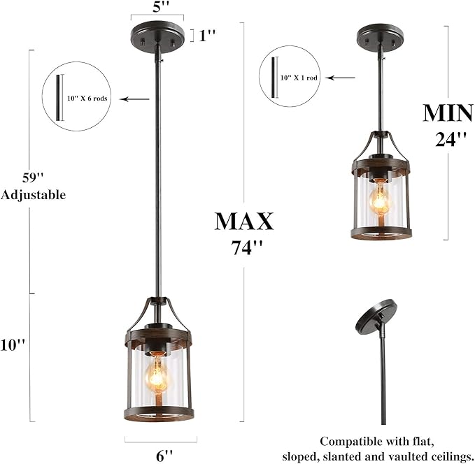 LNC Farmhouse Mini Faux Wood Pendant Lighting with Clear Cylinder Glass Shade for Kitchen Island, Bedroom, Foyer and Entryway , Brown