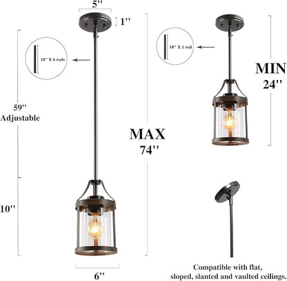 LNC Farmhouse Mini Faux Wood Pendant Lighting with Clear Cylinder Glass Shade for Kitchen Island, Bedroom, Foyer and Entryway , Brown