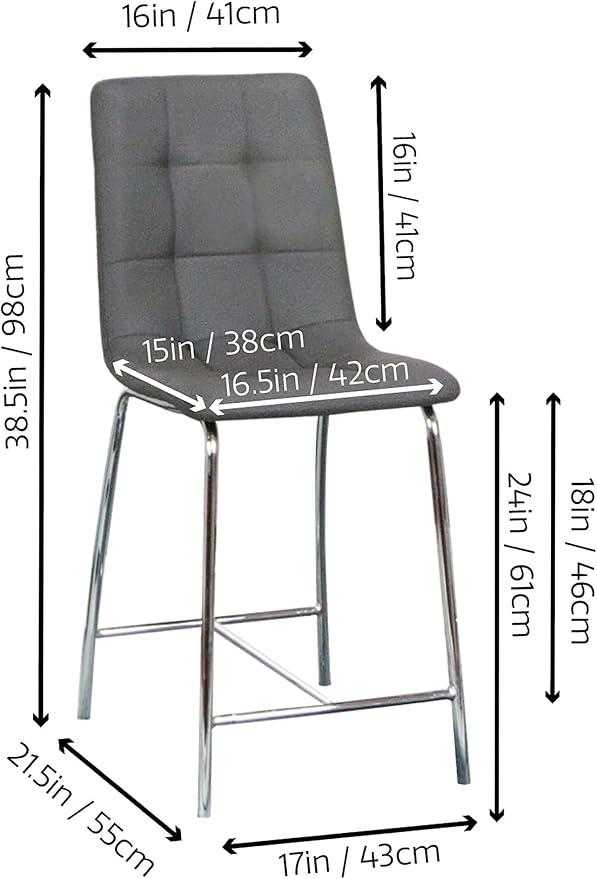 Sunset Trading Nia 24" Faux Leather Barstools | 2 Counter Height Stools | Chrome Legs with Footrest | Charcoal Gray Upholstered Tufted Seat & High Back | Dining Room, Home Bar, Kitchen Island Seating
