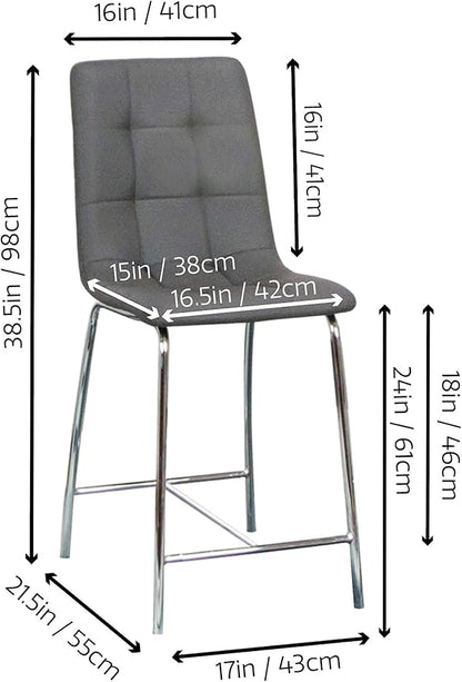 Sunset Trading Nia 24" Faux Leather Barstools | 2 Counter Height Stools | Chrome Legs with Footrest | Charcoal Gray Upholstered Tufted Seat & High Back | Dining Room, Home Bar, Kitchen Island Seating