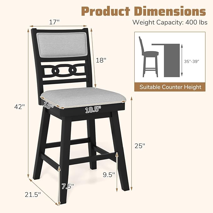 Giantex 25" Bar Stools Set of 2, Modern Counter Height Tall Chairs w/Padded & Hollowed Backs, Rubber Wood Frame, 360° Swivel Upholstered Barstools for Kitchen Island, Pub, Cafe