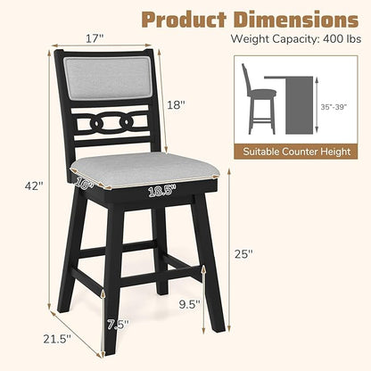 Giantex 25" Bar Stools Set of 2, Modern Counter Height Tall Chairs w/Padded & Hollowed Backs, Rubber Wood Frame, 360° Swivel Upholstered Barstools for Kitchen Island, Pub, Cafe