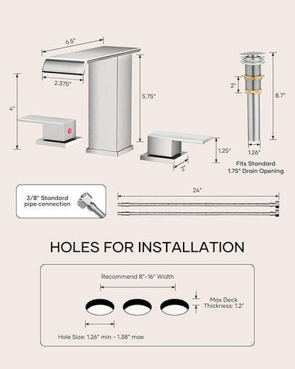 AVSIILE Waterfall Bathroom Faucet 3 Hole, Brushed Nickel 8 Inch Widespread Modern 3 Piece Bathroom Sink Faucet, Touch On Lavatory Faucet for Vanity RV Restroom, Straight Spout