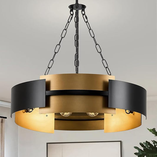 CATINER Modern Chandelier 24" Black Gold Industrial Drum Light Fixture 6-Light Metal Hanging Chandelier for Living Dining Room Foyer Entryway Kitchen