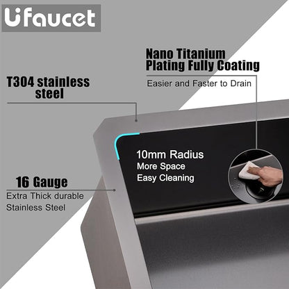 32 Inch Nano Black Undermount Kitchen Sink Stainless Steel Deep Single Bowl, 32”x18” Gunmetal Black 16-Gauge Zero Radius Commercial Large Kitchen Sink with Drainer and Bottom Grid