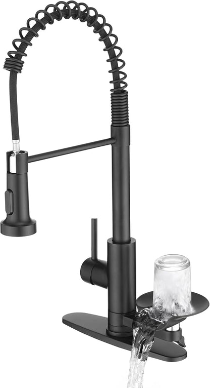 Kitchen Sink Fuacet with Glass Rinser, Single Handle Kitchen Faucet with Pull Down Sparyer, 304 Stainless Steel, Deck Plate, Matte Black