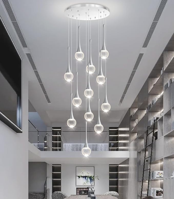 12 Light High Ceiling Crystal Chandelier Dimmable LED Pendant Lights with Remote Adjustable Chandeliers for Foyer Staircase Living Room Silver